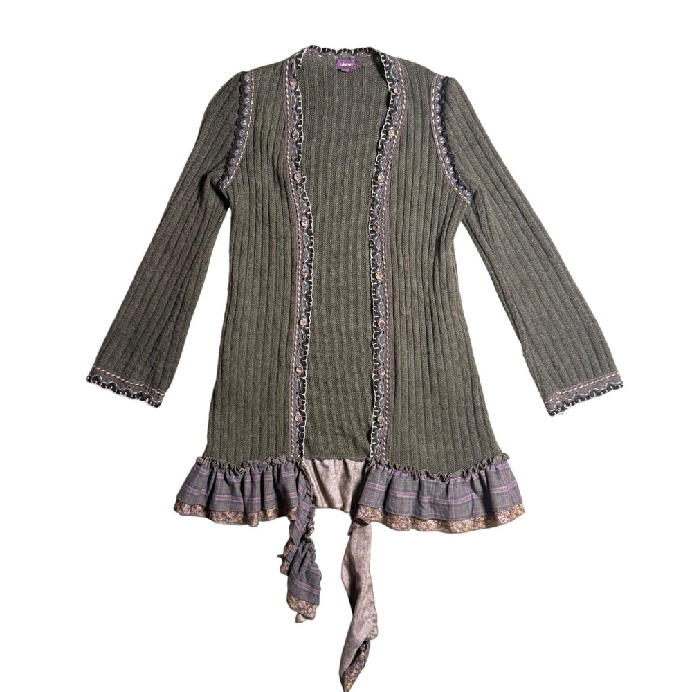 Lulumari Olive Green Ribbed Knit Boho Ruffle Cardigan